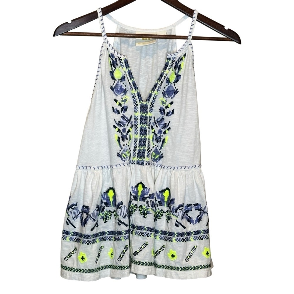 Anthropologie Maeve Neela Embroidered Tank Top XS White Blue Knit Pullover